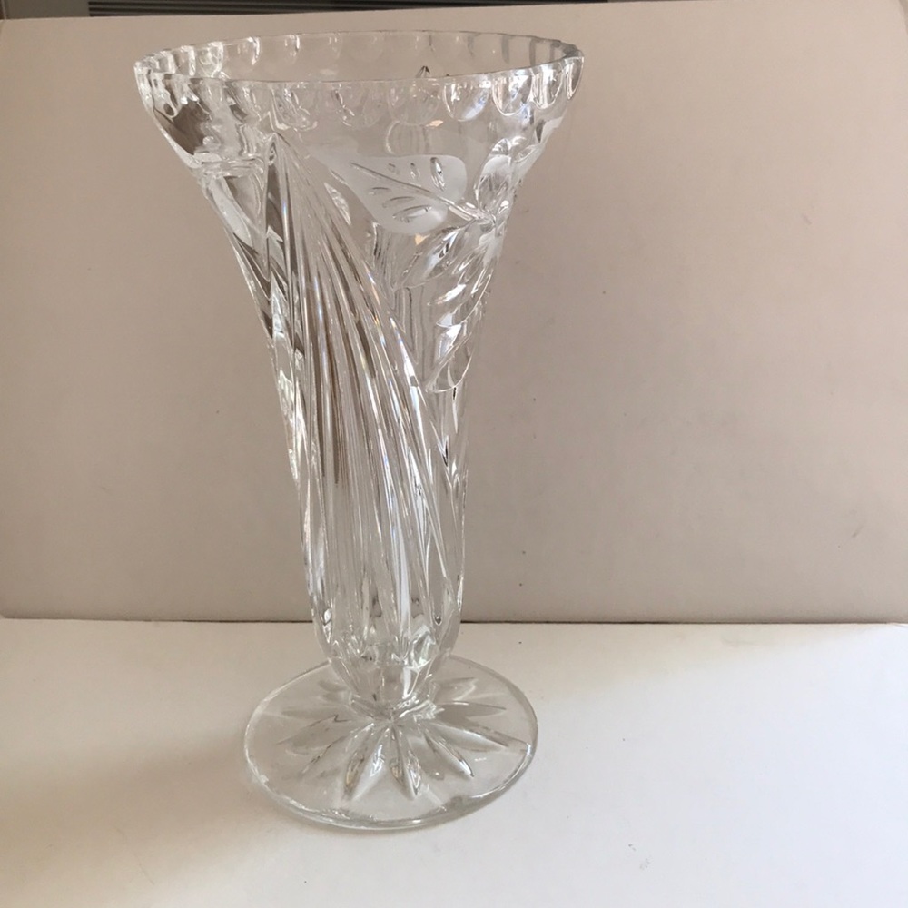 Vintage cut crystal vase with etching.